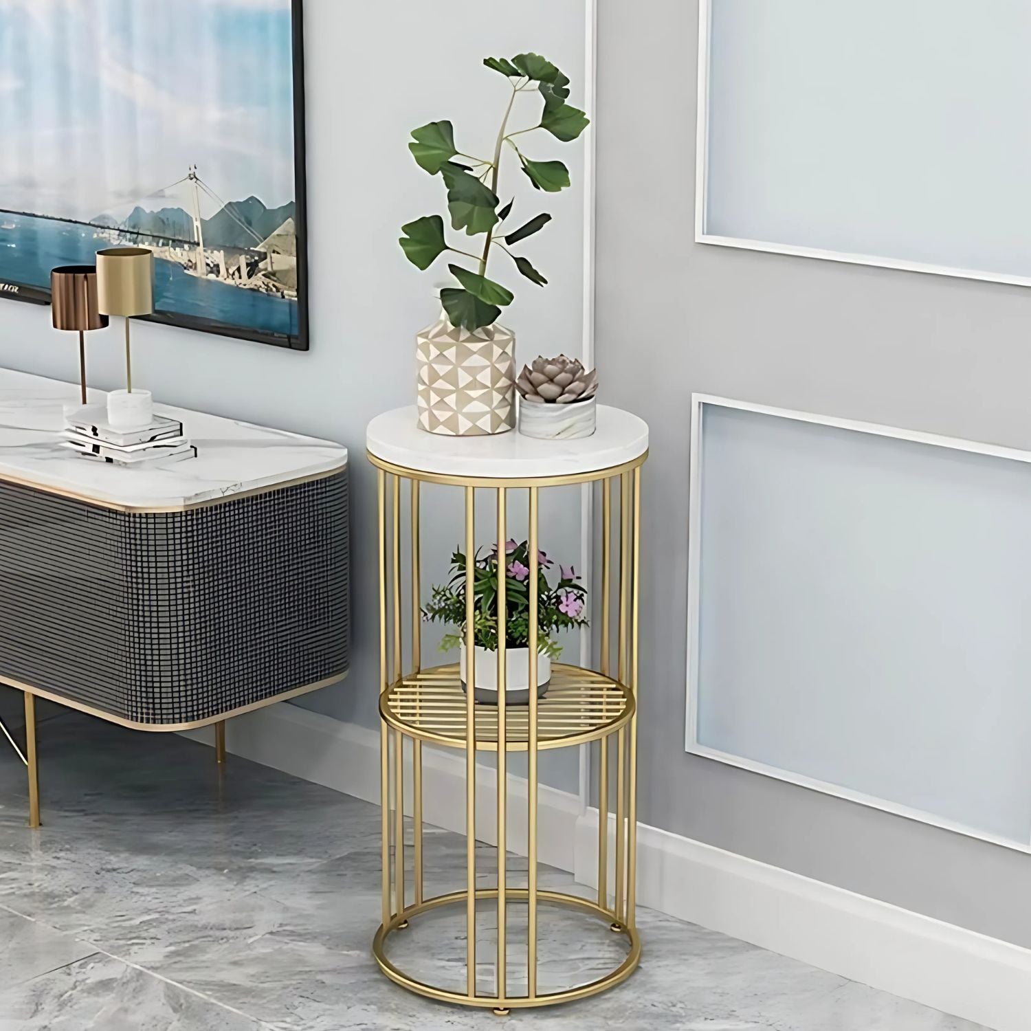 Elegant Two-Tier Gold Metal Plant Stand With Marble Top For Home Decor