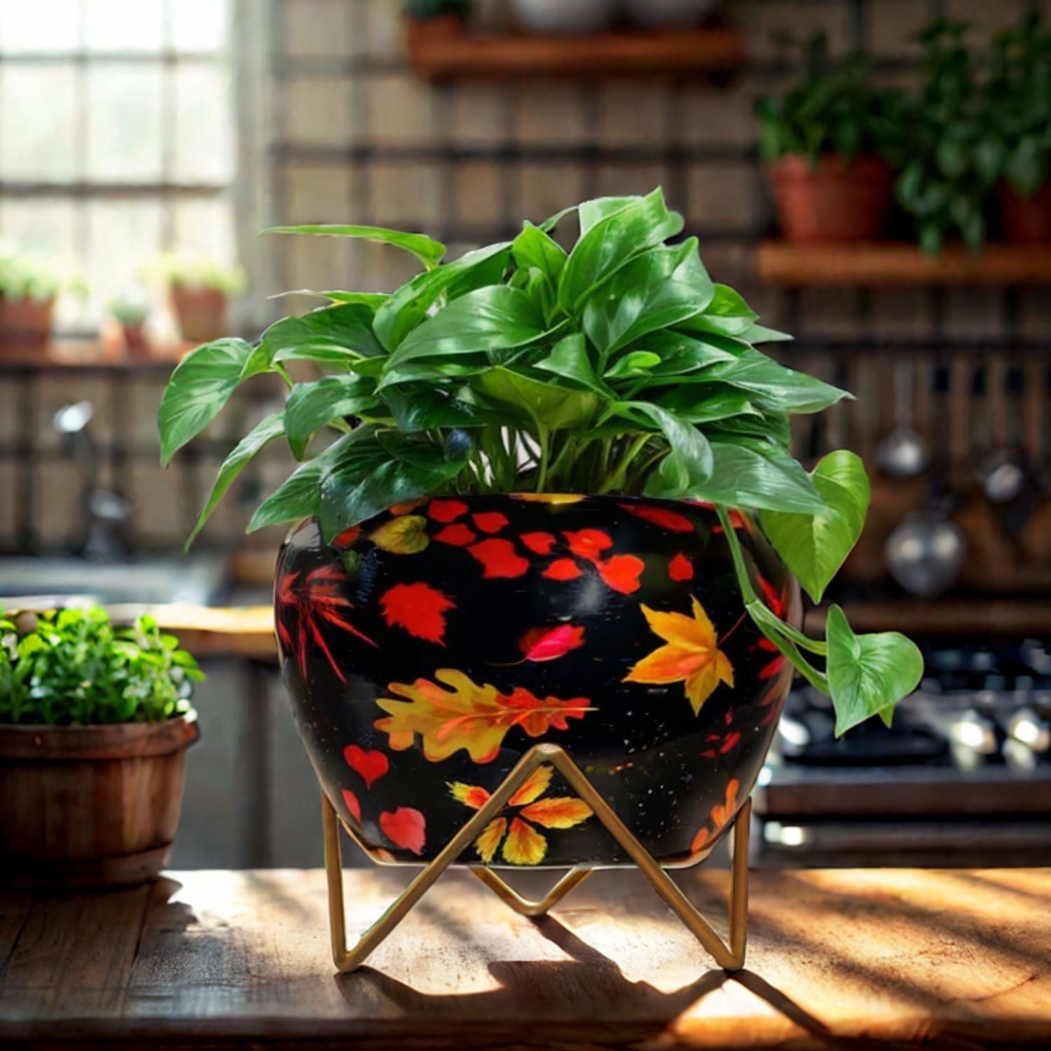 Vibrant 5" Orchid Pot - Yellow Leaf Print Design with Stand - Nestern