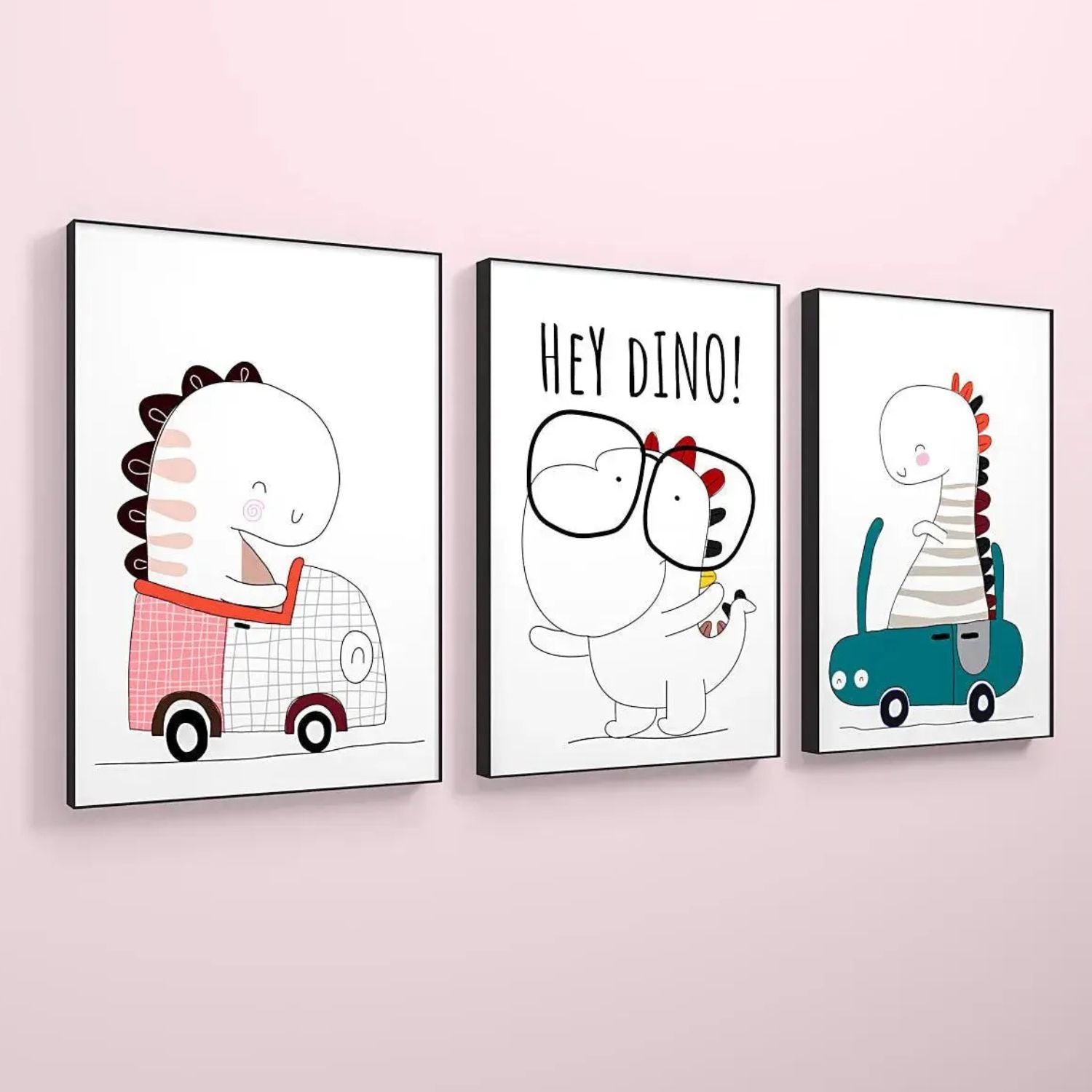 Cute Baby Dinosaur Nursery Wall Art - Set of 3 Framed Prints For Kids Room
