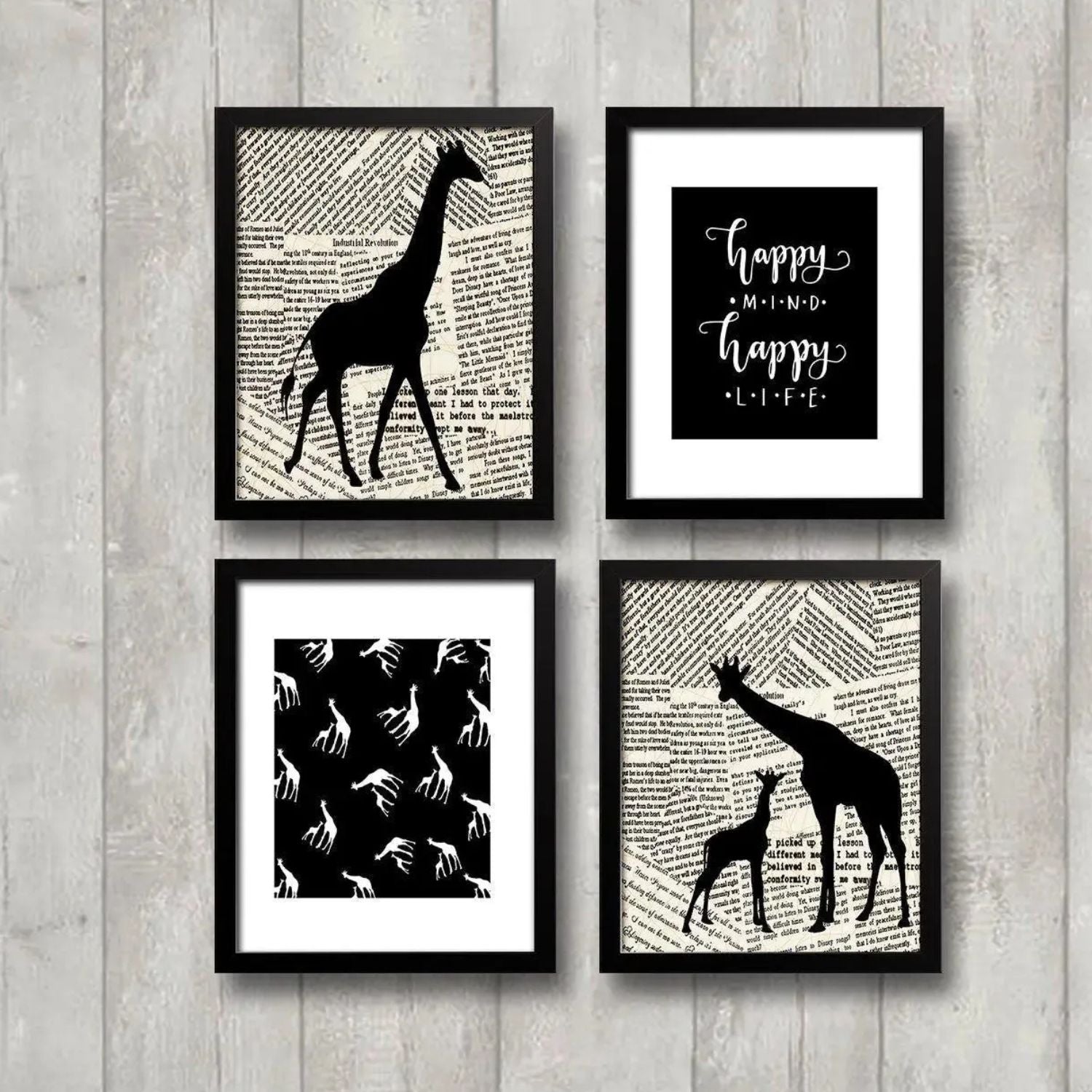 Inspirational Giraffe Silhouette Wall Art Set Featuring Happy Mind & Happy Life