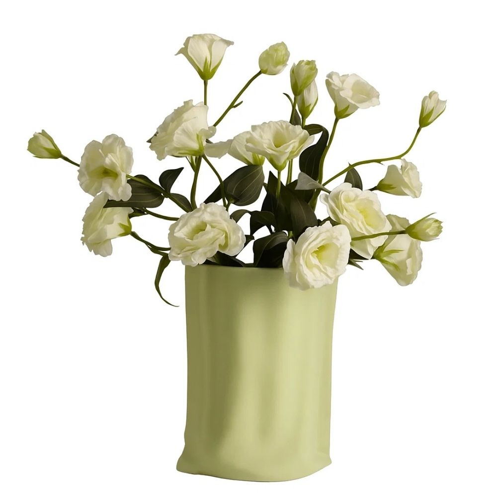 Hand Pinched Textured Paper Bag Style Vase in Cheese Matcha Finish