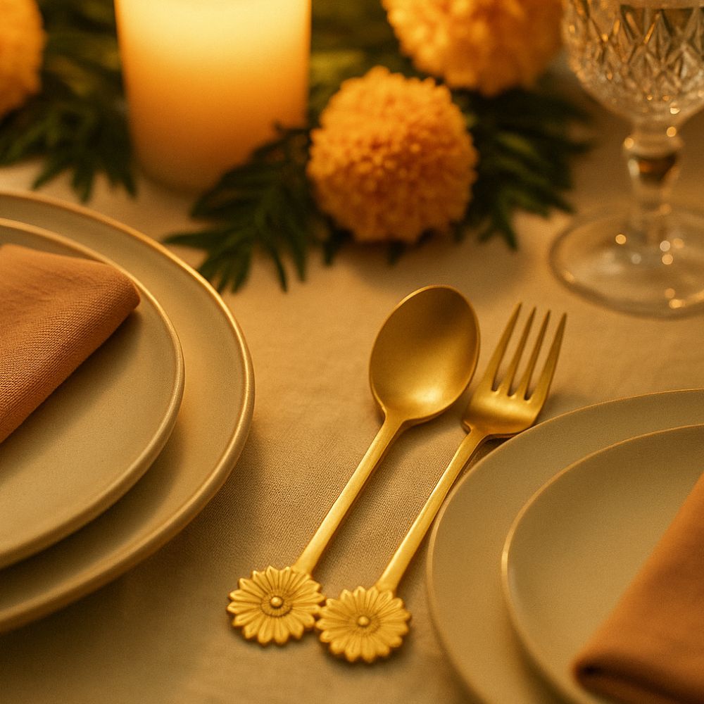 Classic Brass Cutlery Set With Floral Handles - Set of 6