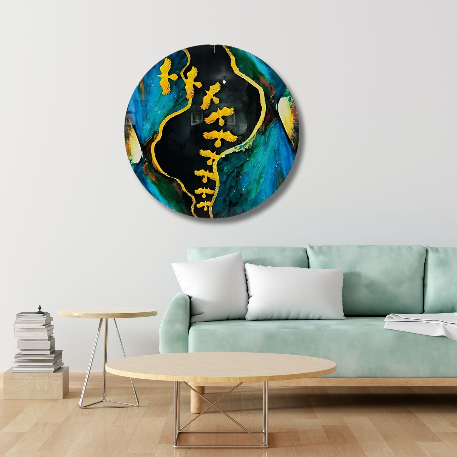 Abstract Round Wall Art With Golden Birds and Blue Tones