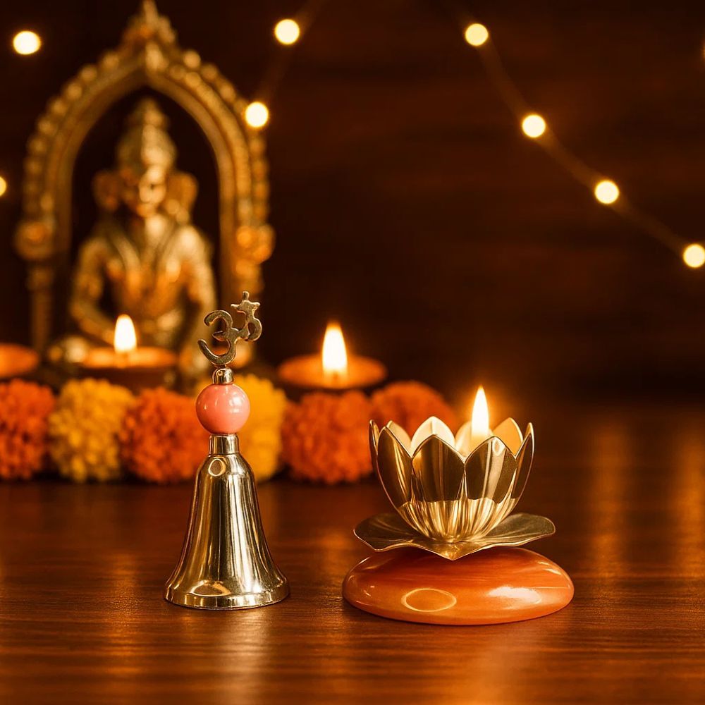 Divine Silver Plated Temple Bell & Shanti Deep Gift Set