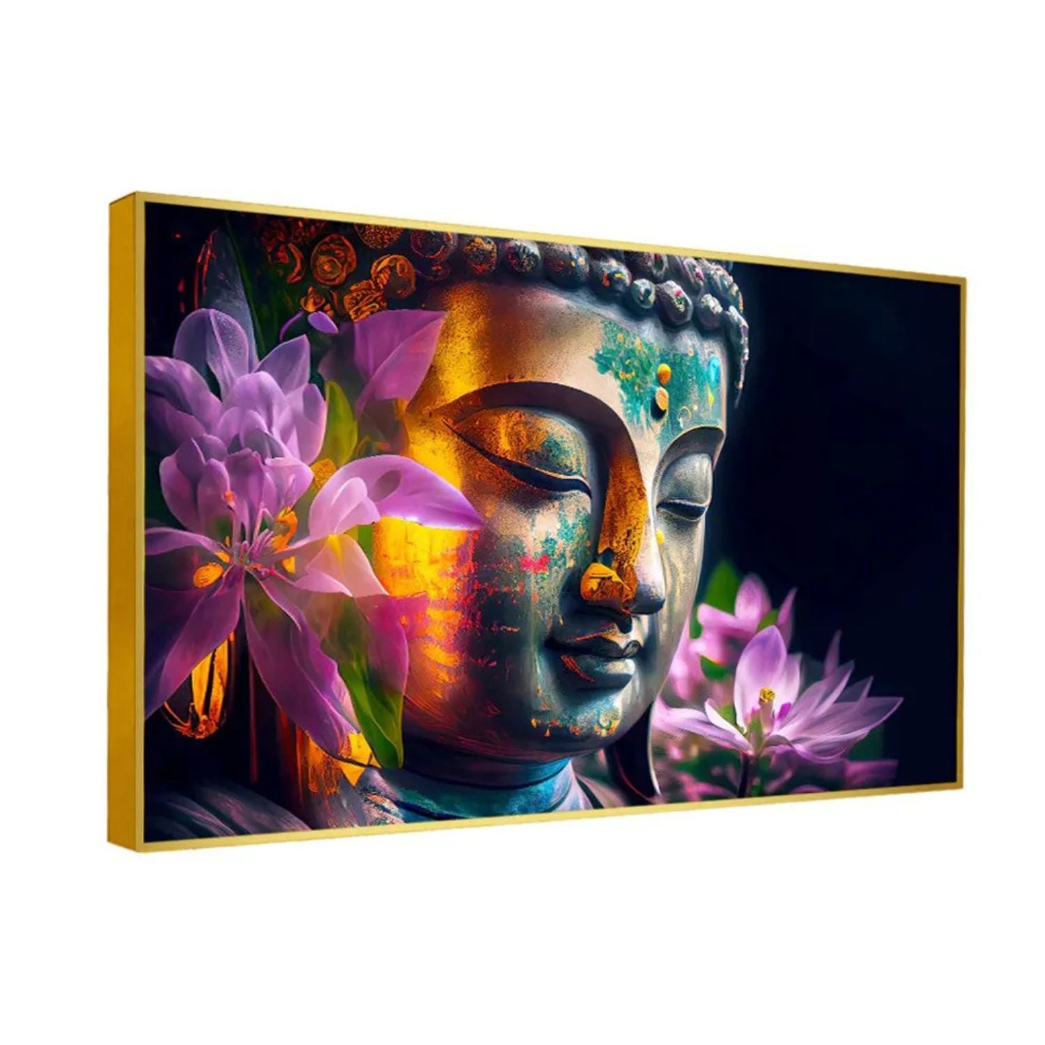 Serene Buddha Portrait With Blossoming Flowers Canvas Wall Art