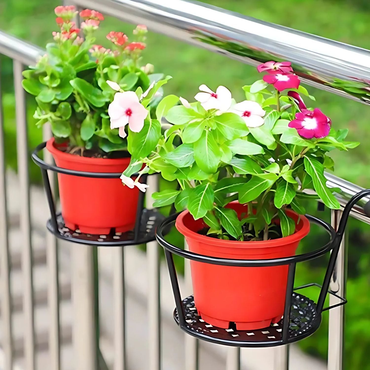 Handcrafted Metal Balcony Railing Plant Stand - Round Pot Holder for Outdoor Decor (Set of 3)