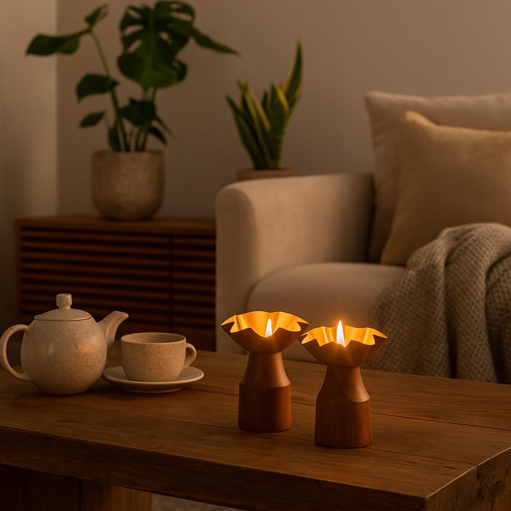 Rustic Bloom Wooden Tealight Holders With Golden Flower Design - Set of 2