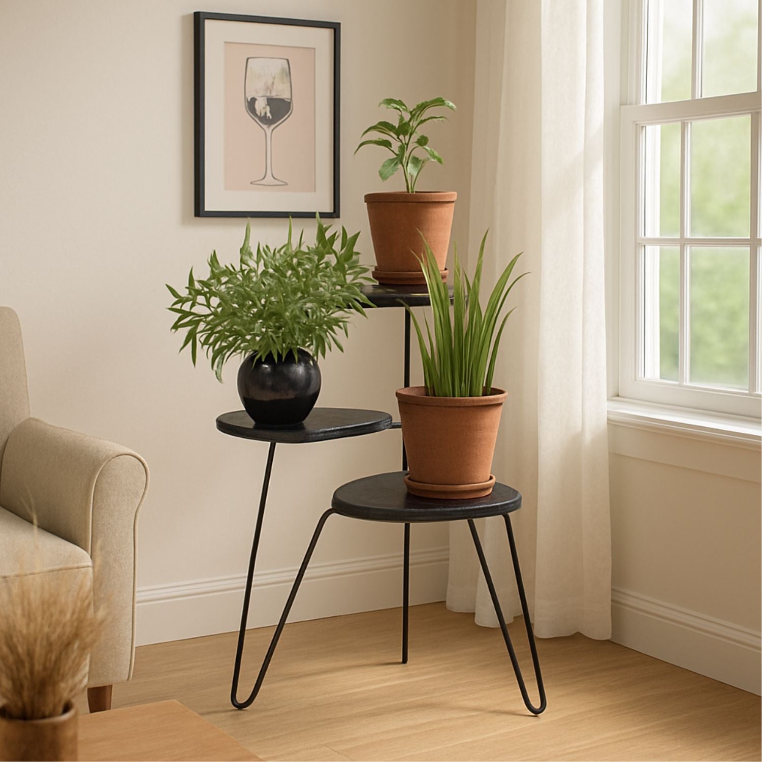 Elegant Three-Tier Black Metal Plant Stand For Indoor And Outdoor Decor