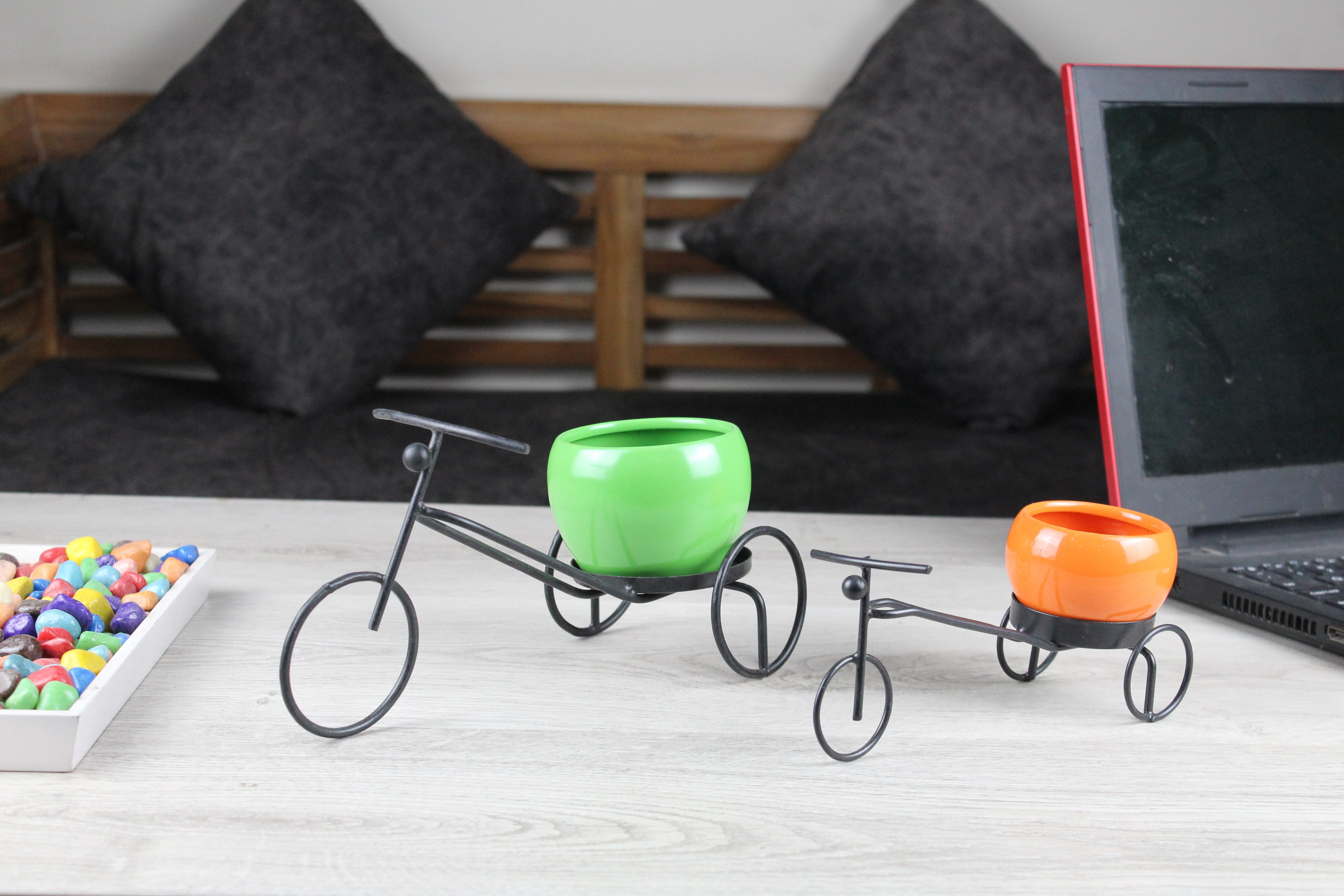 Unique Iron Rickshaw with Orchid Pot - Set of 2 - Nestern