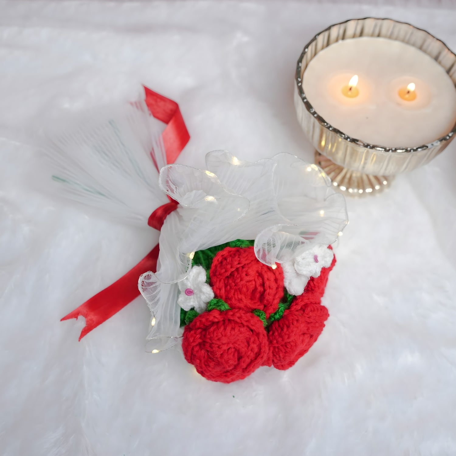 Radiant Red Crochet Rose Bouquet With Soft LED Glow