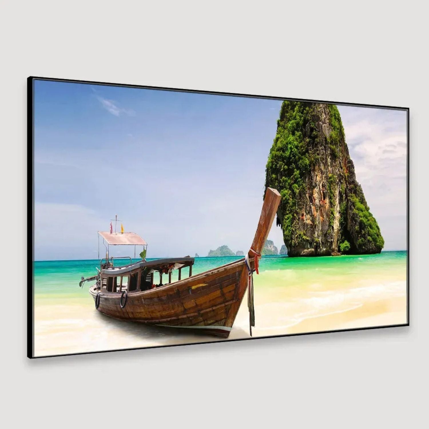 Tropical Beach Canvas Art With Wooden Boat and Island View