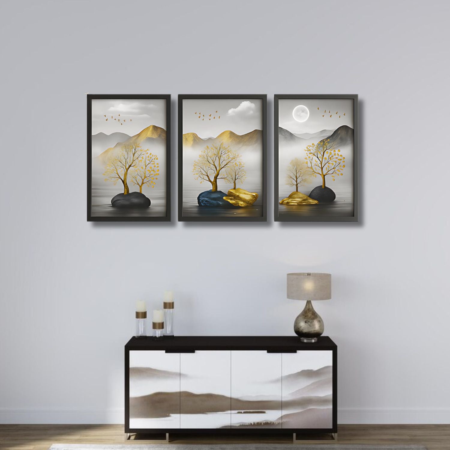 Elegant Golden Tree Landscape Canvas Wall Art Set With Mountain View