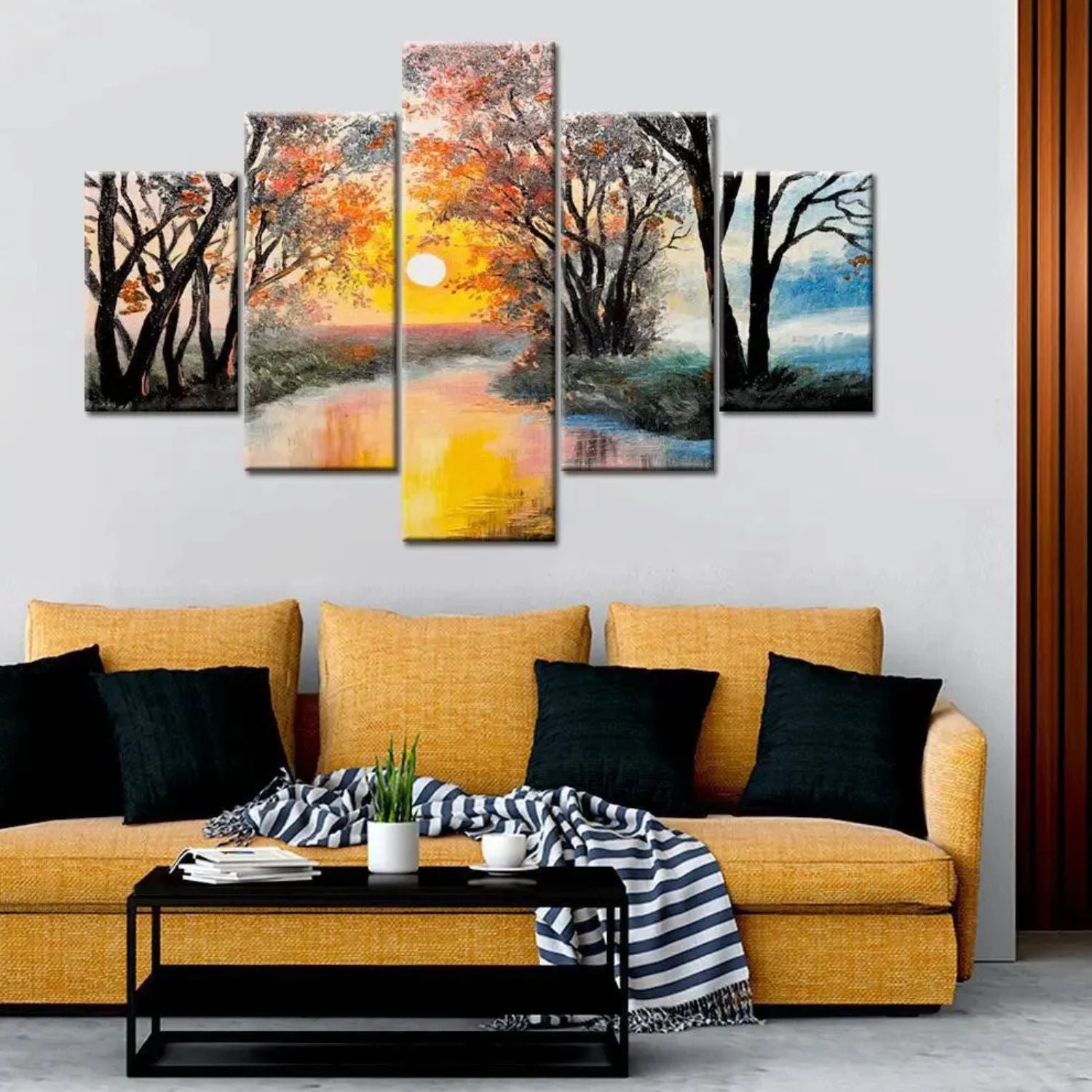 Colorful Autumn Forest River Landscape Canvas Wall Art Set
