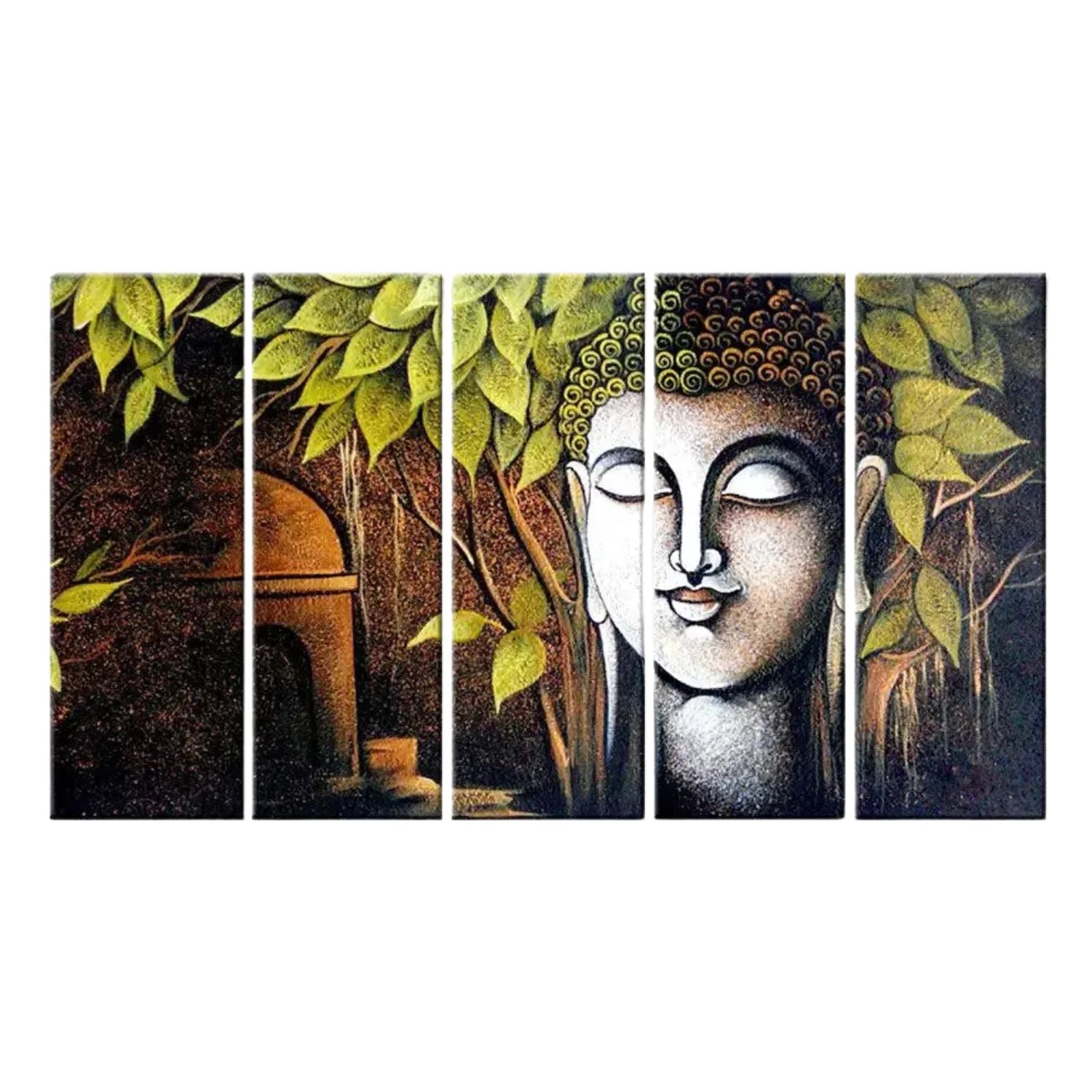 Gautam Buddha Serenity Under Tree 5-Panel Canvas Wall Art
