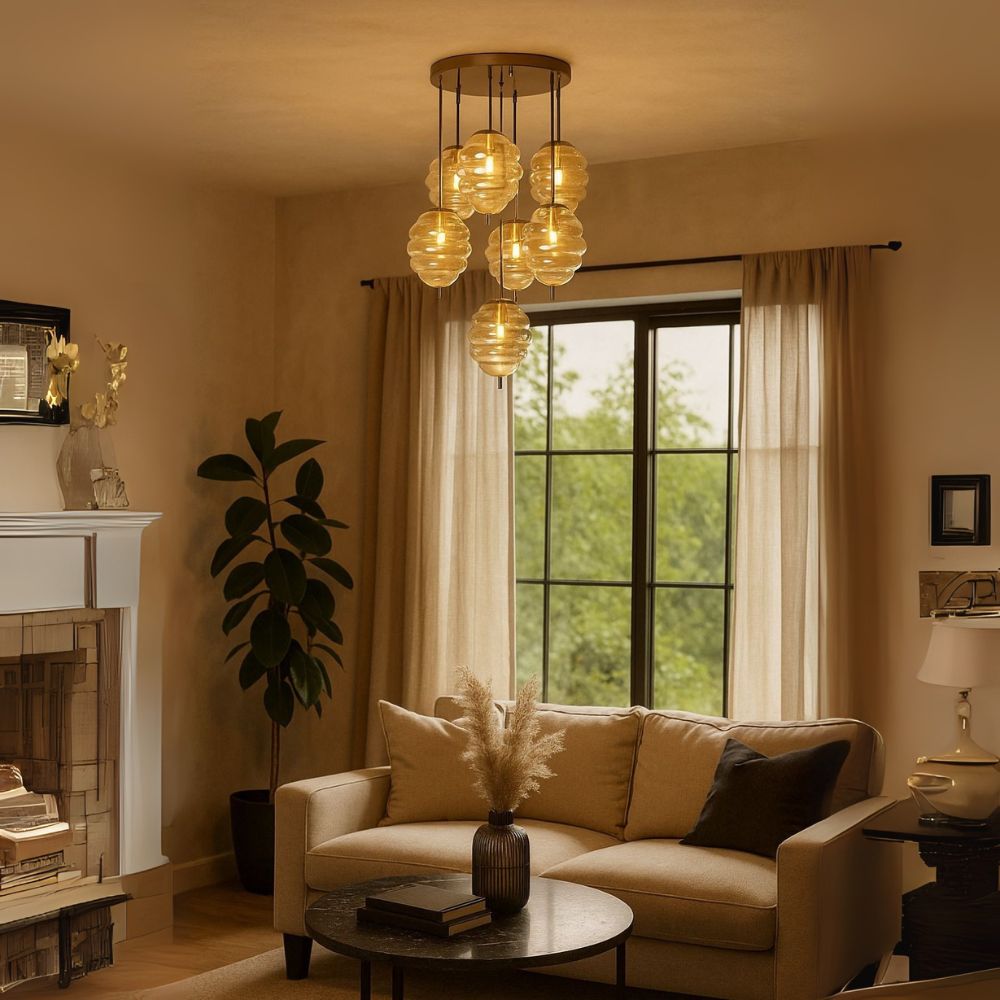 Elegant Modern Ceiling Light - Antique Gold With Amber/Smoke Grey Glass Chandelier