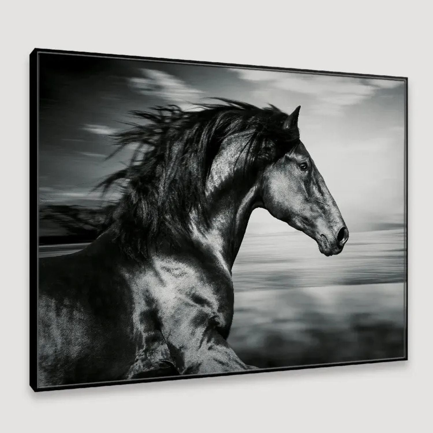 Black Stallion Running Wall Art With Bold Monochrome Canvas Print