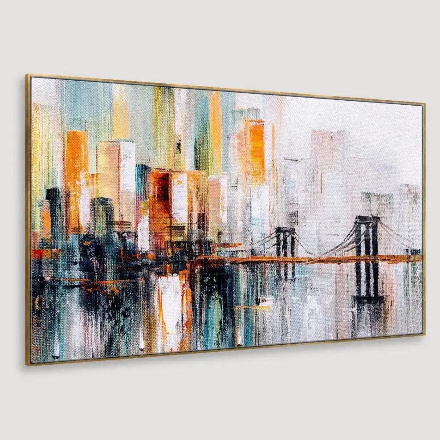 Elegant Abstract Golden Bridge Cityscape Canvas Art For Decor