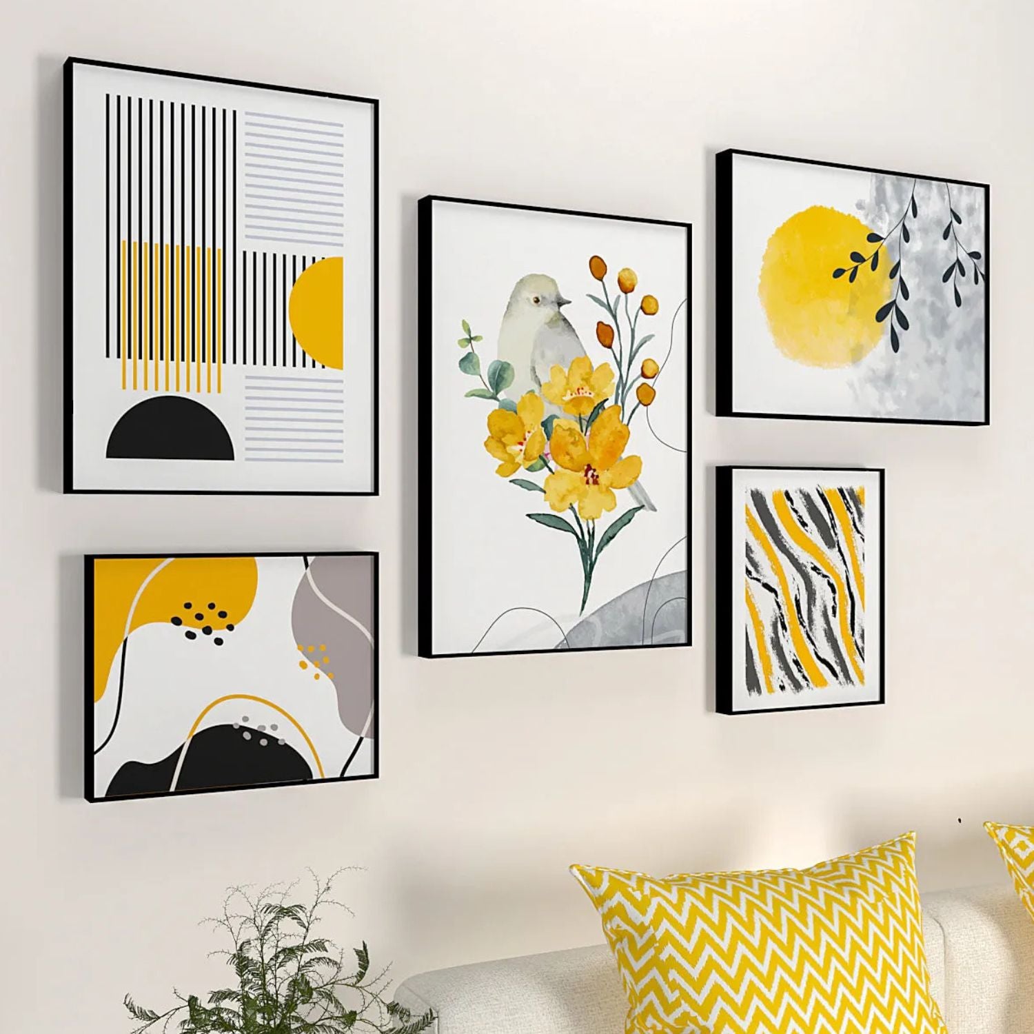 Modern Nature Inspired Abstract Wall Art Set With Bird and Flowers