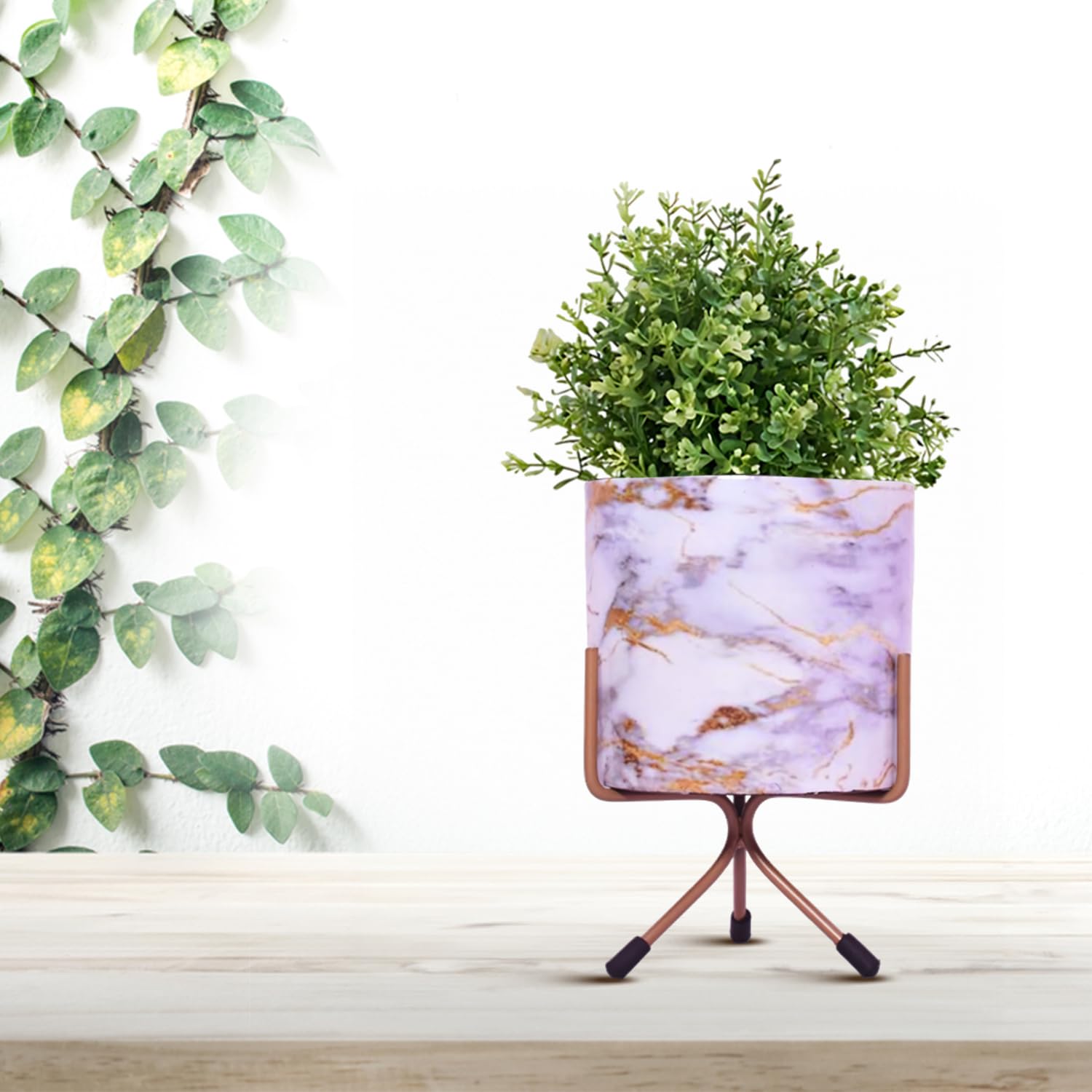 Elegant Round Tabletop Pot - Blue Marble Print with Stand - Nestern