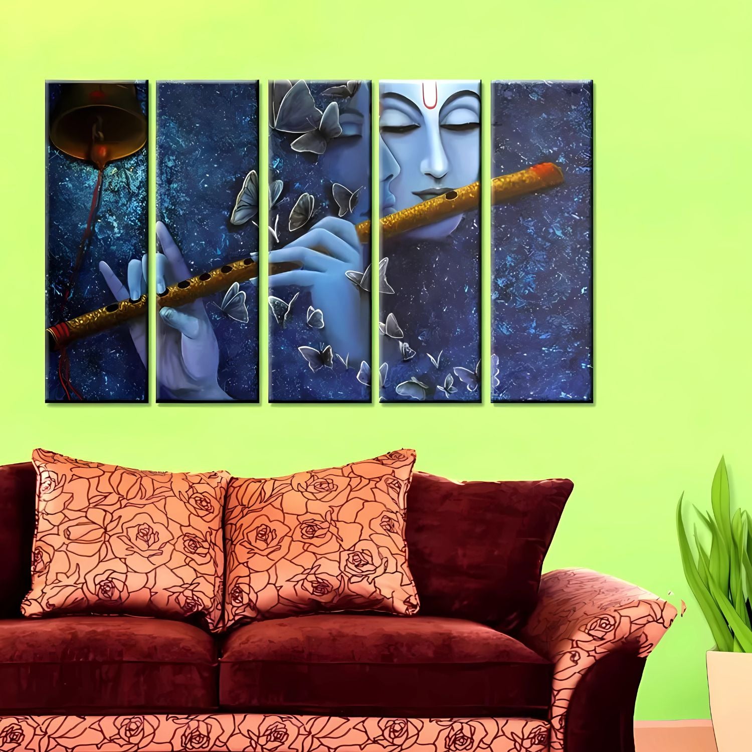 Lord Krishna Flute Playing Canvas Painting With Butterfly Design