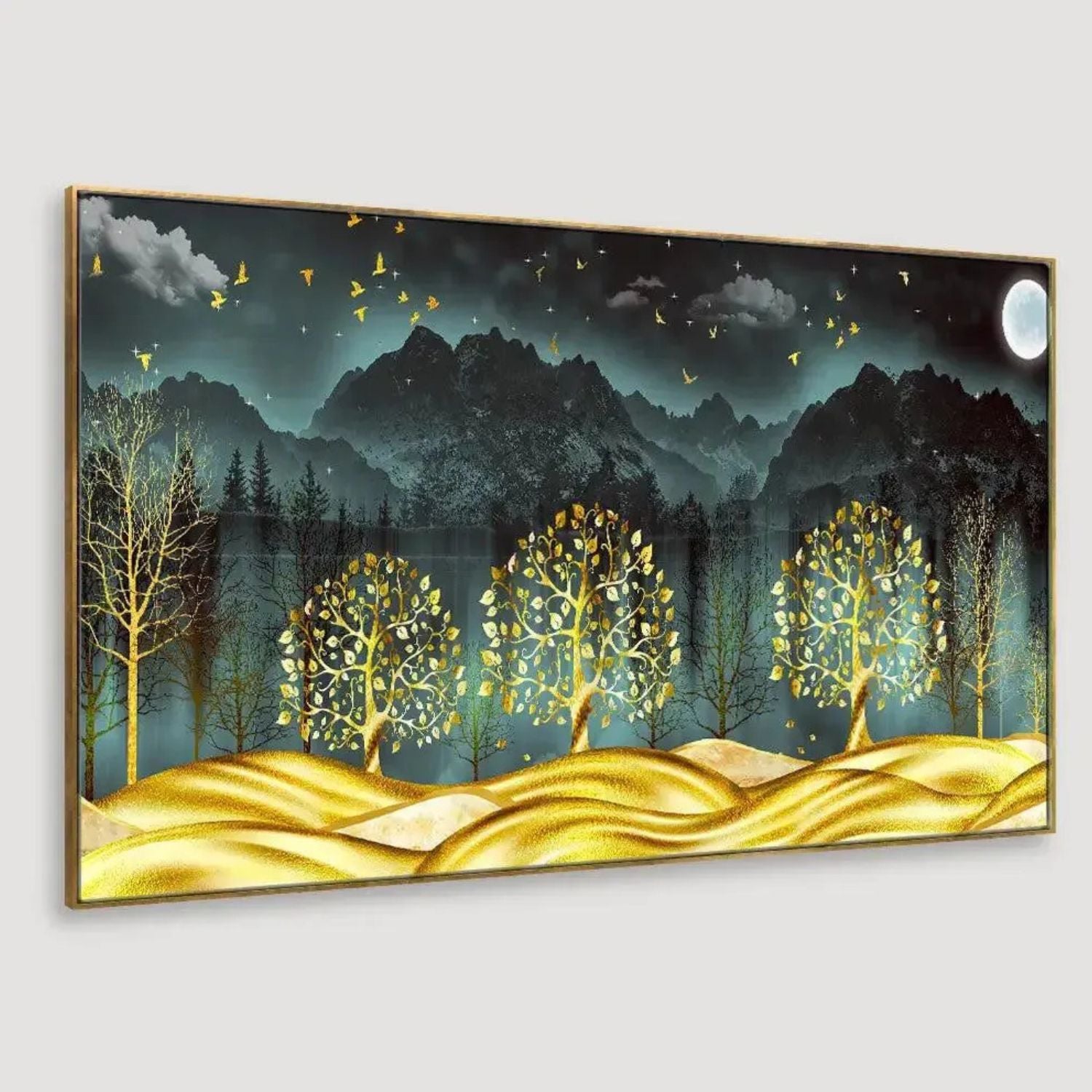 Golden Trees Under Moonlit Mountains Scenic Canvas Wall Art