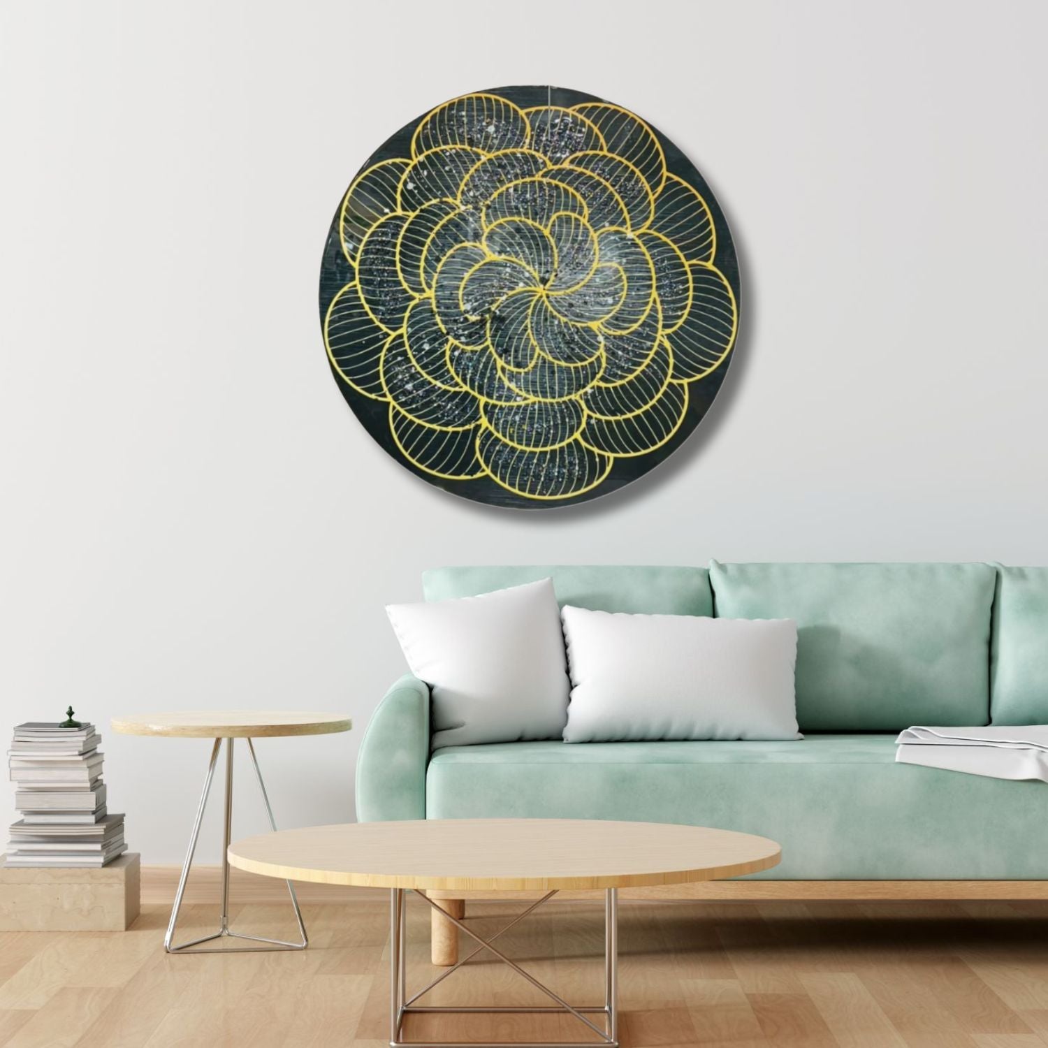 Modern Geometric Round Wall Art With Golden Floral Design