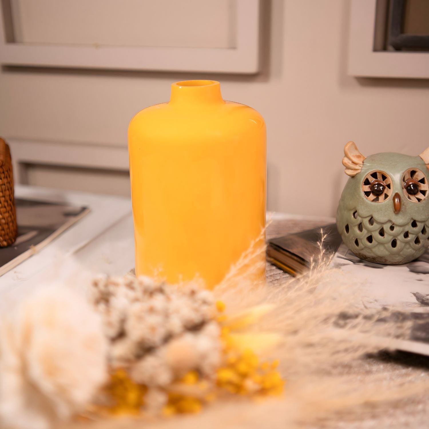 Vibrant Lemon Blossom Vase With Elegant Dried Floral Bunch