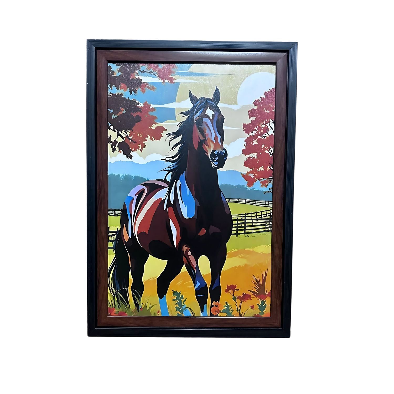 Majestic Horse in Autumn Field - Colorful Framed Farmhouse Wall Art Print