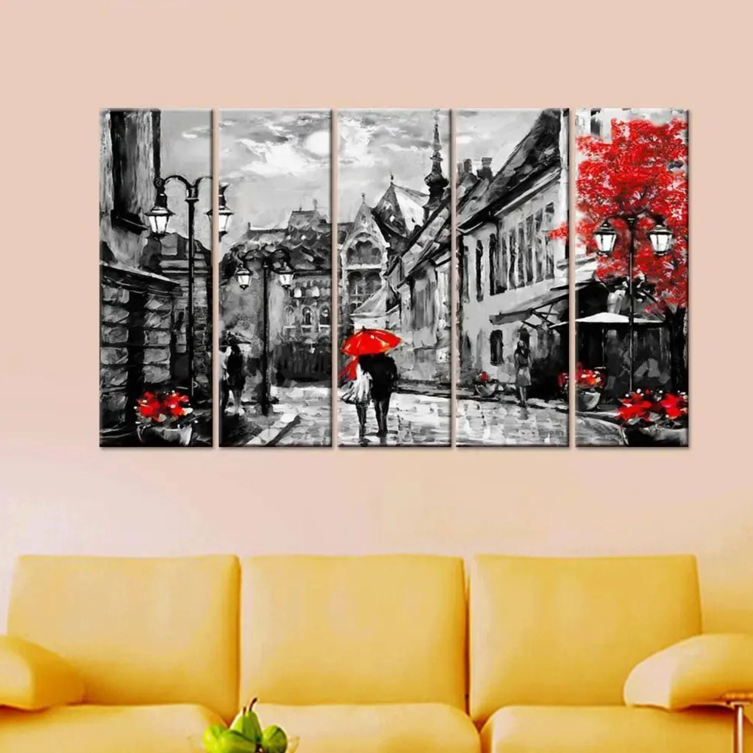 Romantic Couple Red Umbrella Cityscape Canvas Wall Art