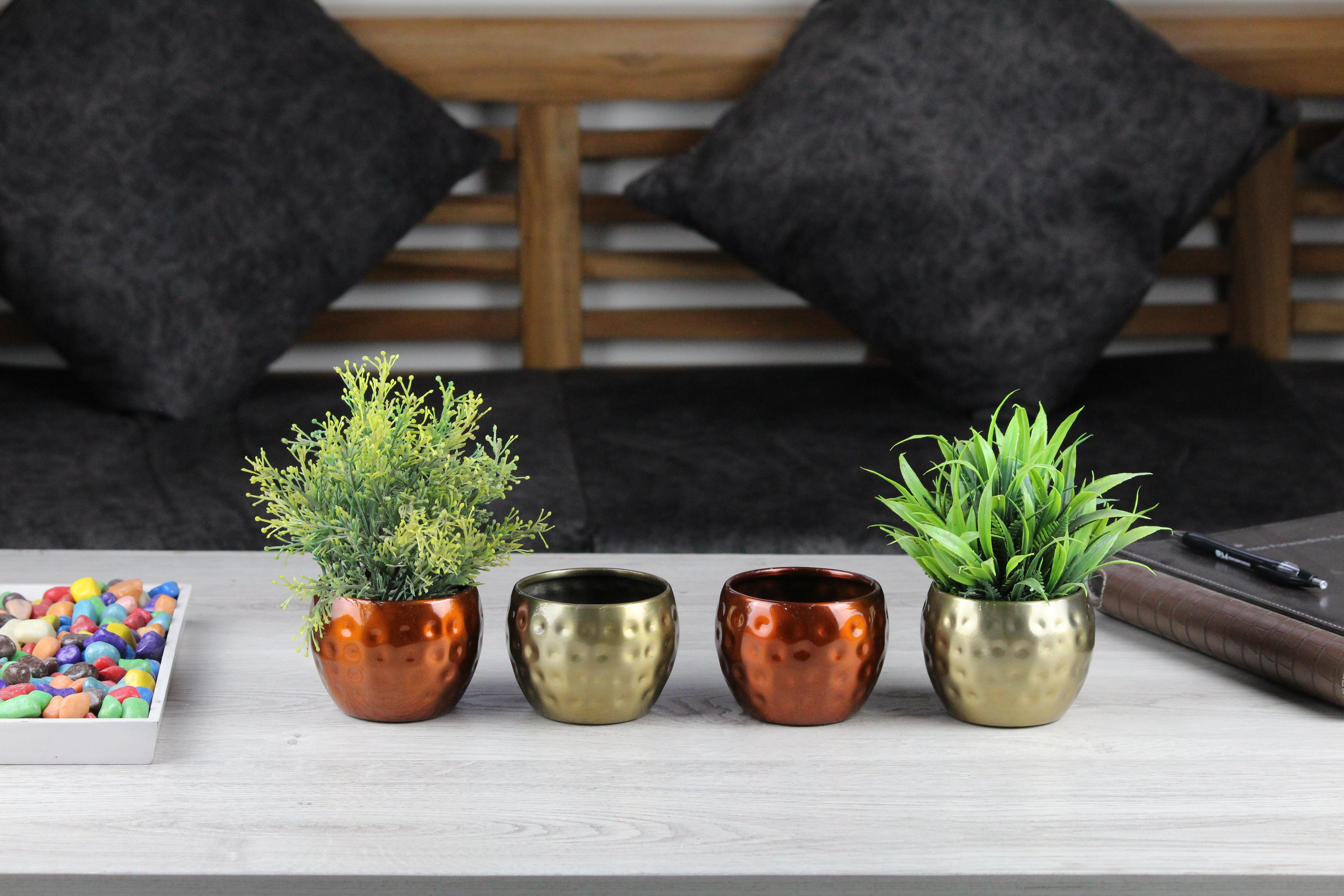 Elegant 3" Hammered TPR Tabletop Pots - Copper & Brass, Set of 4 - Nestern