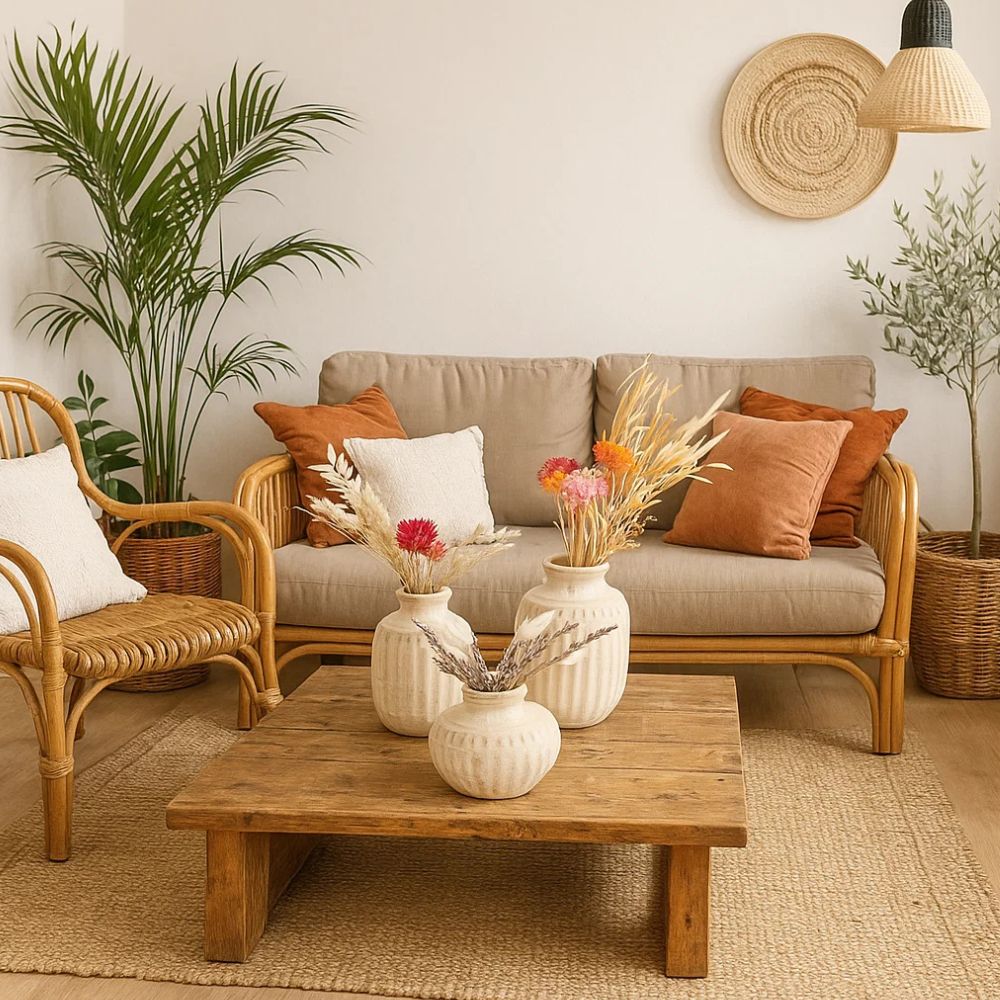 Rustic Handmade Ceramic Pottery Vase Set of 3 With Dried Bunch