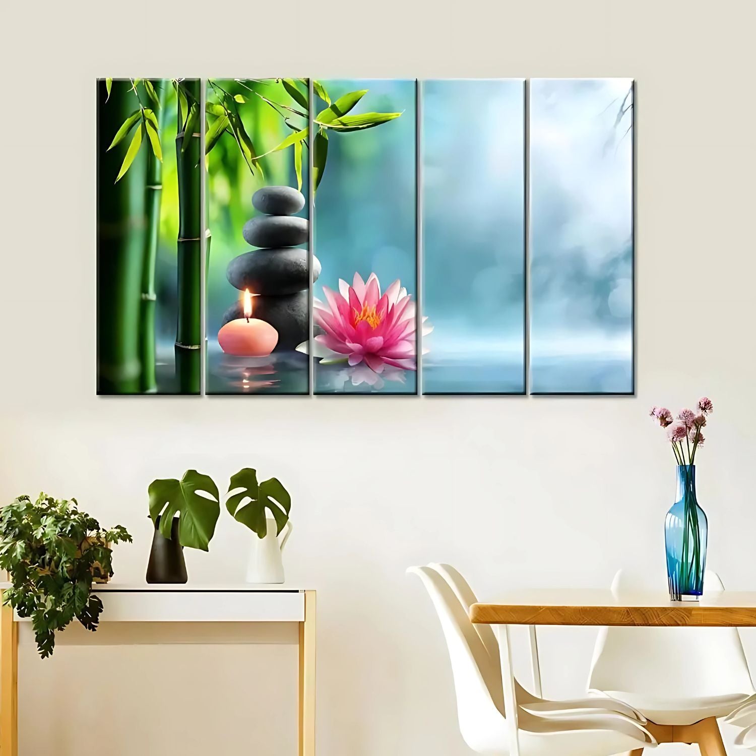 Beautiful Zen Bamboo Lotus Candle 5-Panel Canvas Wall Art Decor