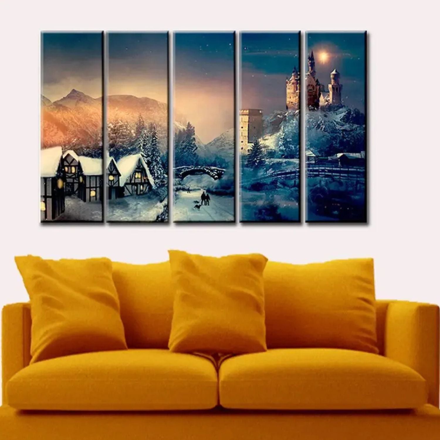 Enchanted Winter Village 5-Panel Wall Art - Christmas Castle Canvas With Wooden Frame