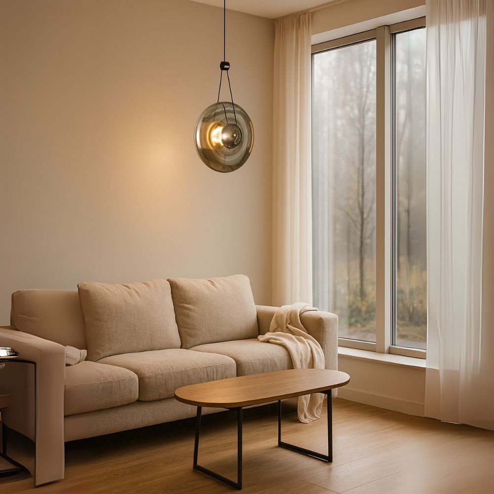 Modern Pearl Black Pendant Light With Smoke Grey and Amber Glass Globe