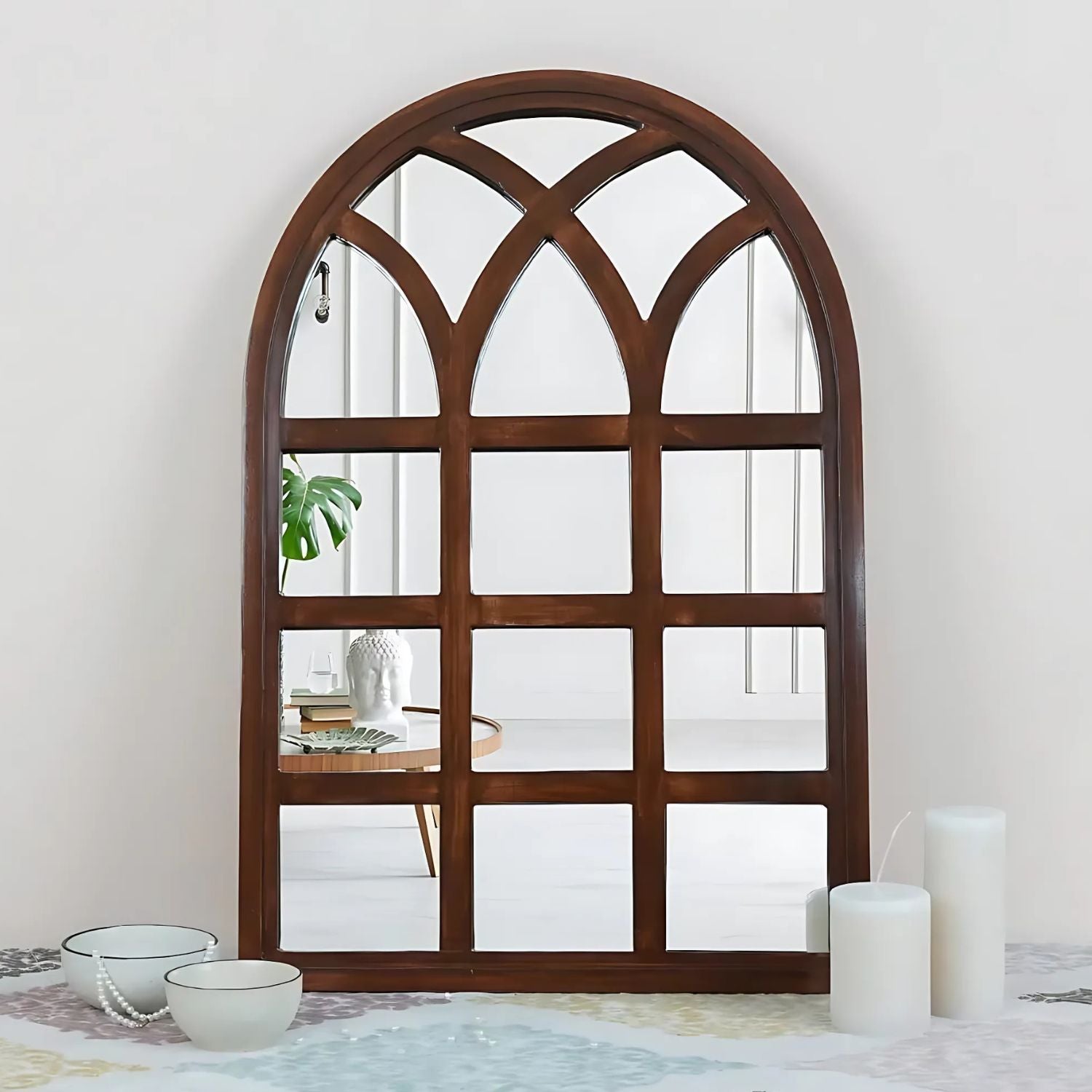 Arched Wooden Wall Mirror - Classic Decorative Accent For Home Interiors