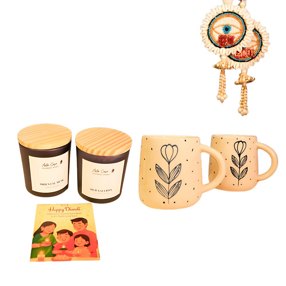 Sips & Sparks Diwali Gift Box With Hand-Painted Mugs & Scented Candles