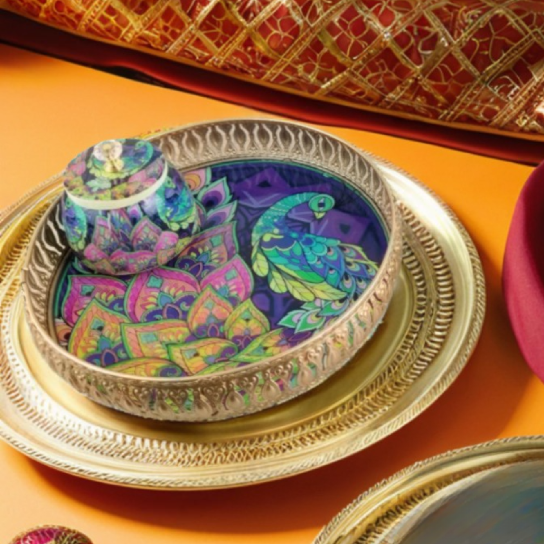Luxury Peacock-Themed Decorative Serving Tray with Jar - Nestern