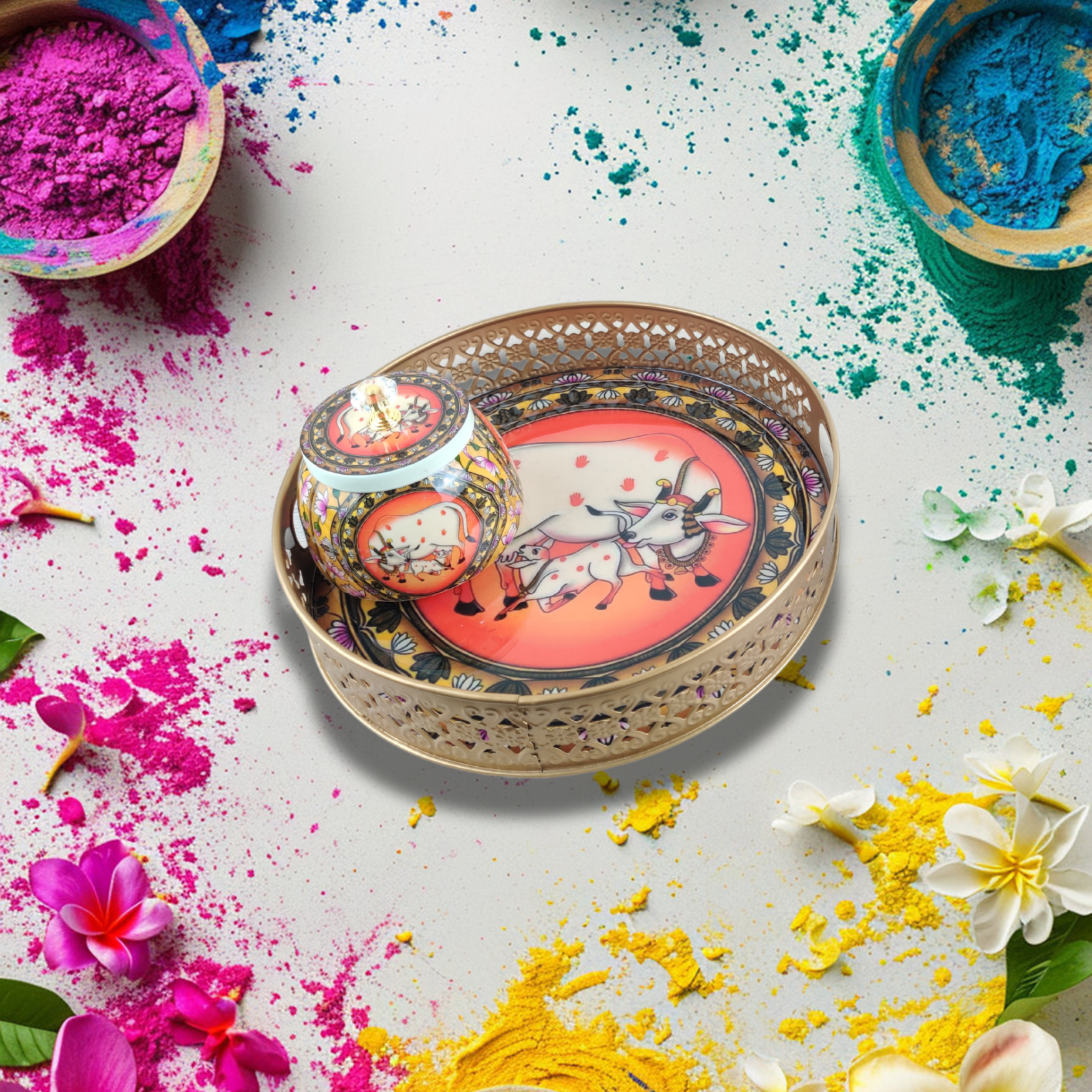 Regal Cow-Themed Decorative Tray & Jar – A Timeless Artistic Masterpiece - Nestern