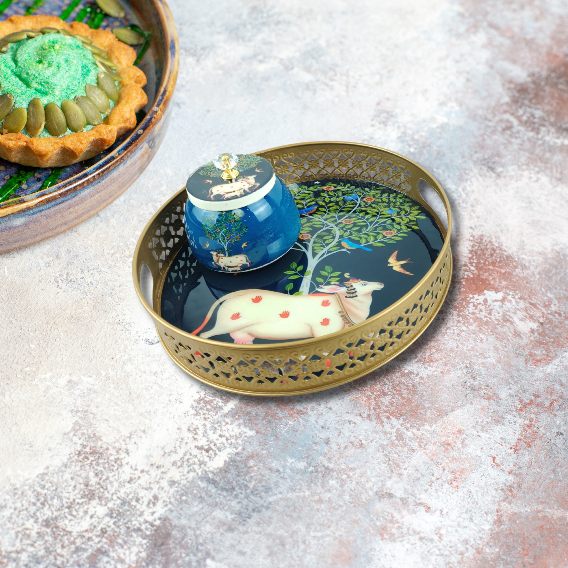 Royal Blue Sacred Cow-Themed Decorative Tray & Jar – A Symbol of Elegance & Tradition - Nestern