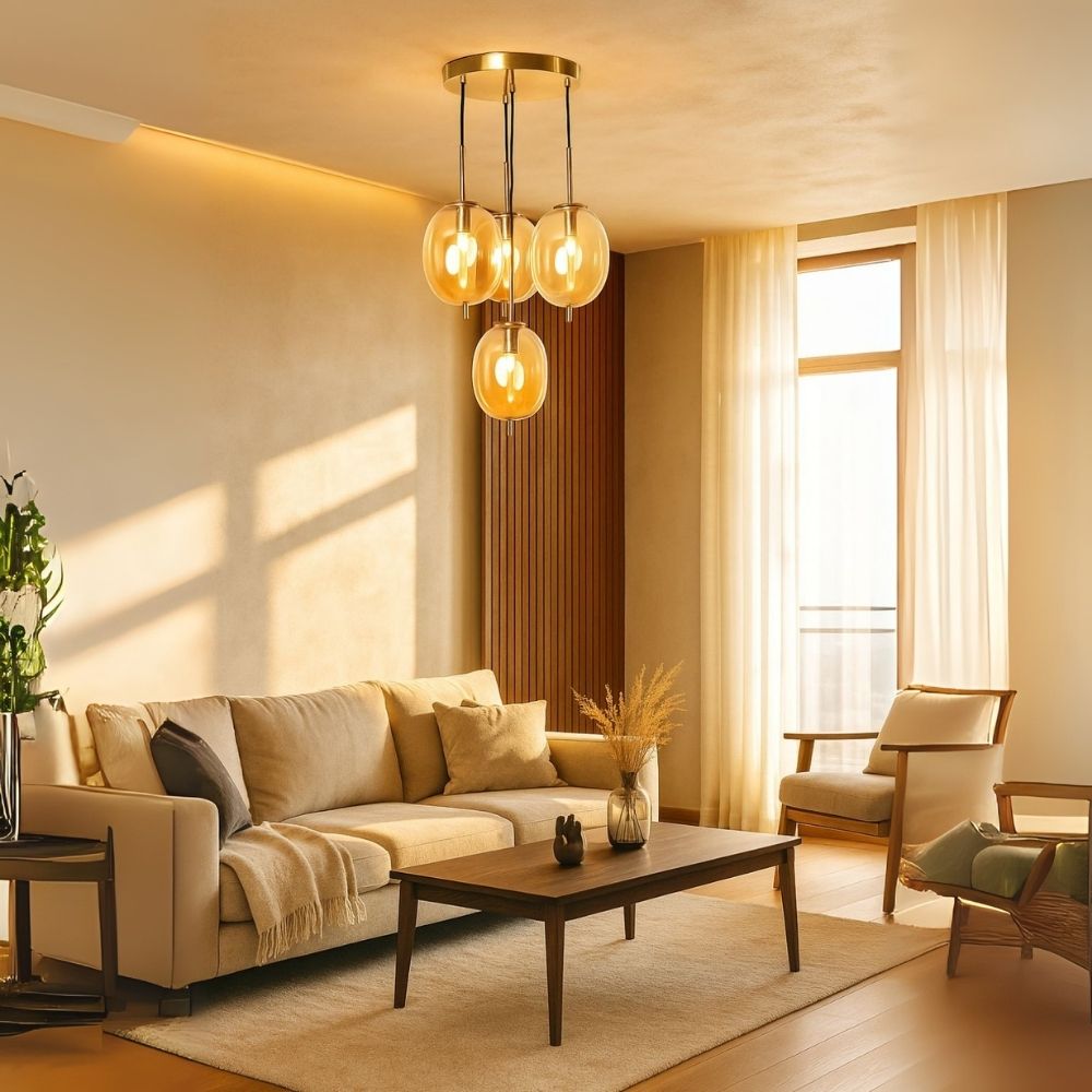 Classic Amber/Smoke Grey Glass Chandelier - Elegant Antique Gold 4-Light Ceiling Pendant