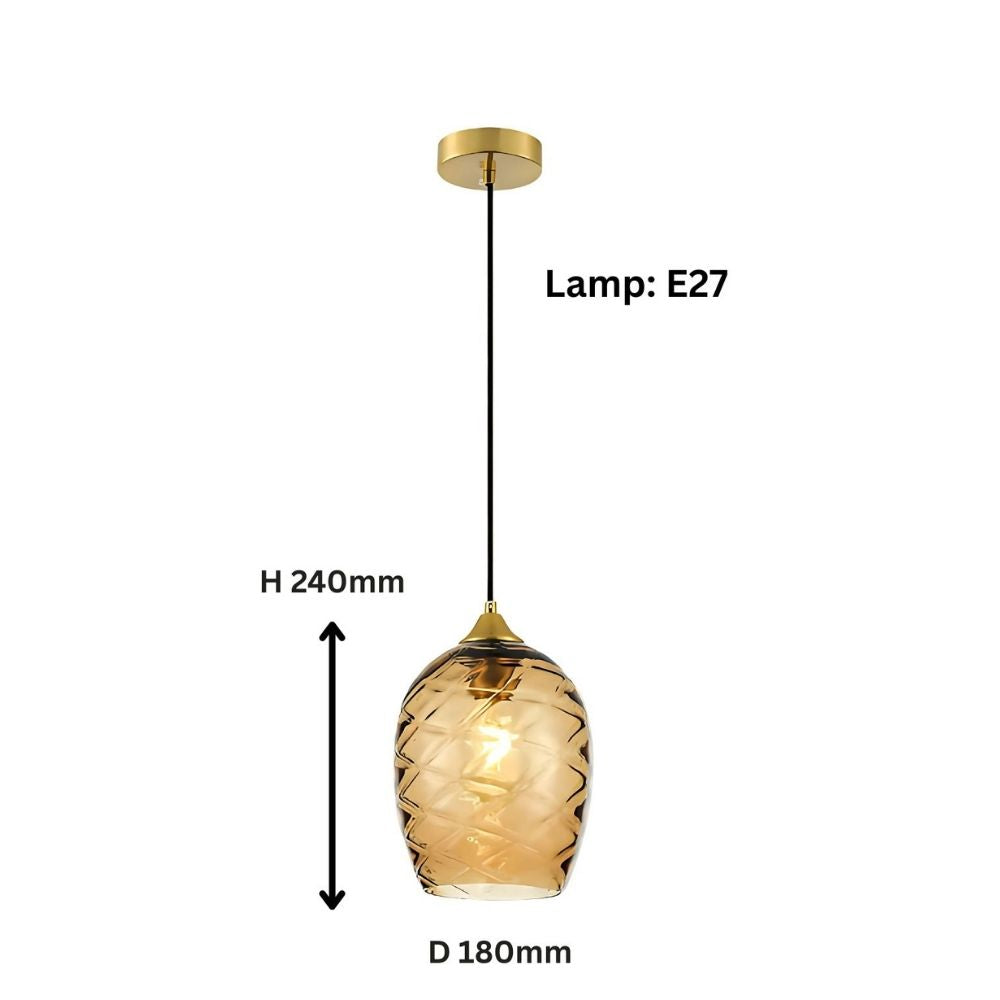 Elegant Amber, Green & Coffee Glass Pendant Light With Textured Metal Fixture