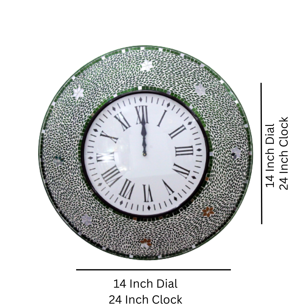 Green Handcrafted Mosaic Wall Clock with Roman Numerals - Stylish Decorative Accent - Nestern