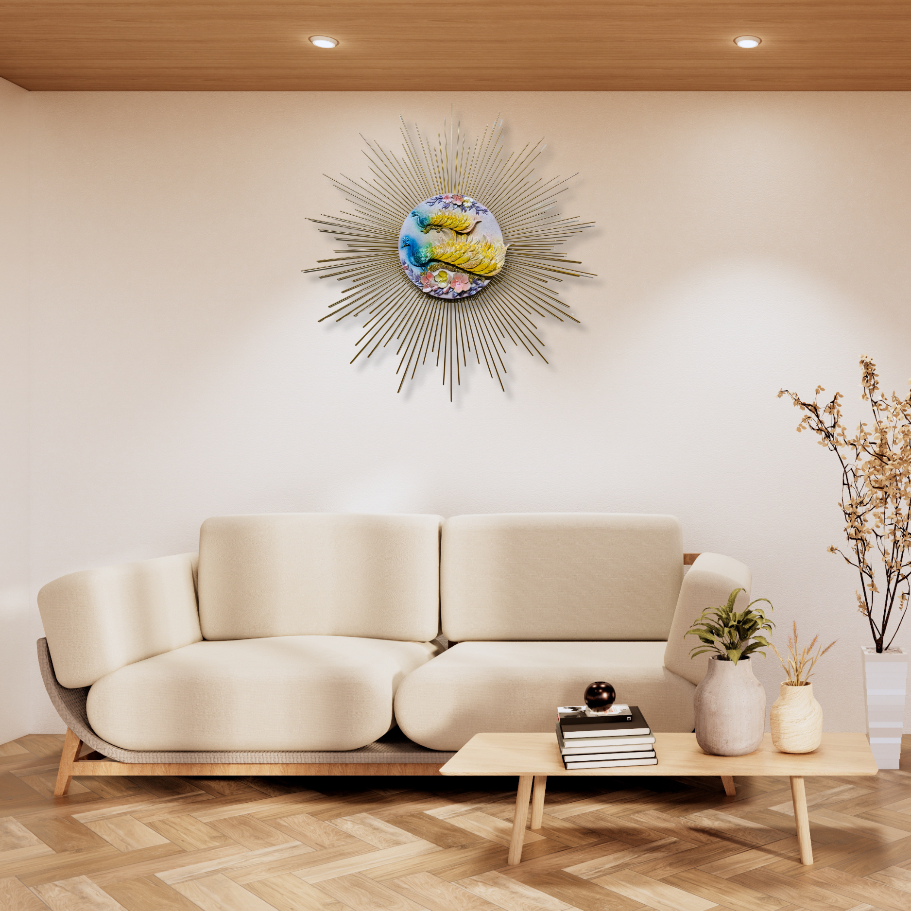 Peacock-Themed Golden Sunburst Wall Art – A Majestic Décor Statement - Nestern