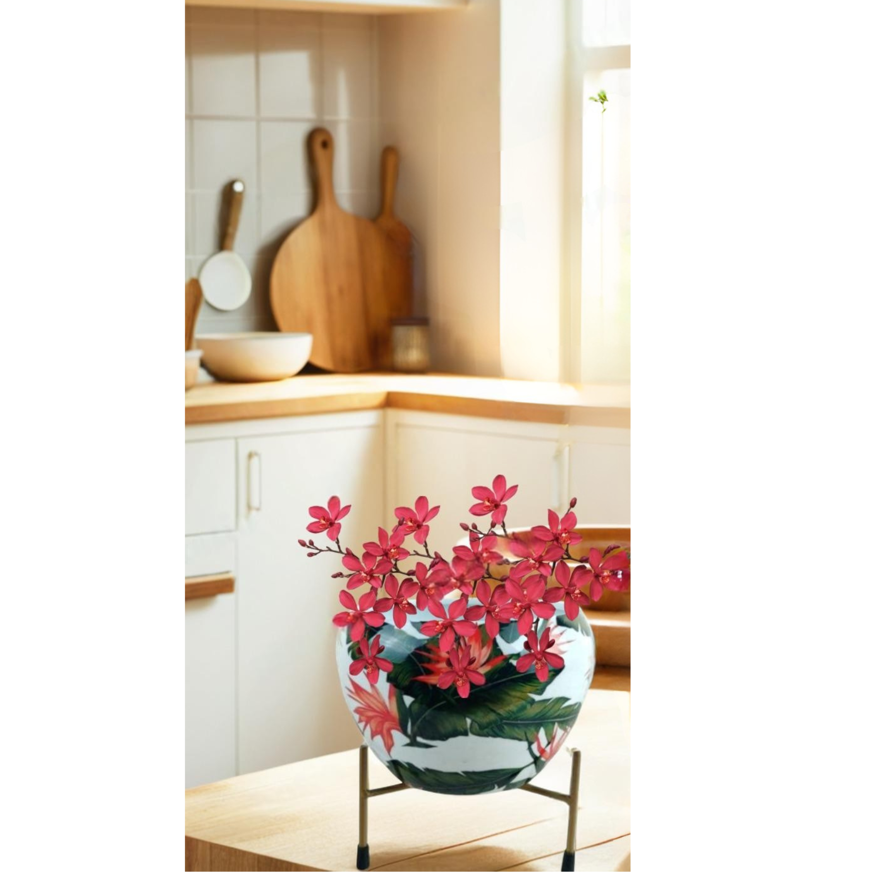 Elegant 5" Orchid Pot - Green Leaf Print Design with Stand - Nestern