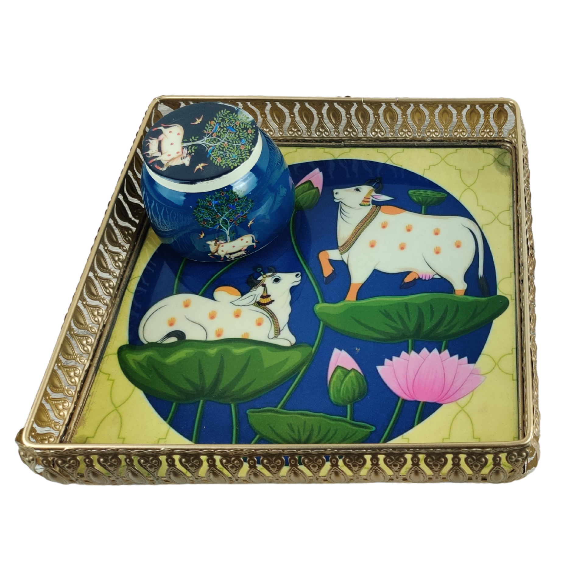 Exquisite Royal Cow-Themed Decorative Tray & Jar – A Fusion of Art & Elegance - Nestern