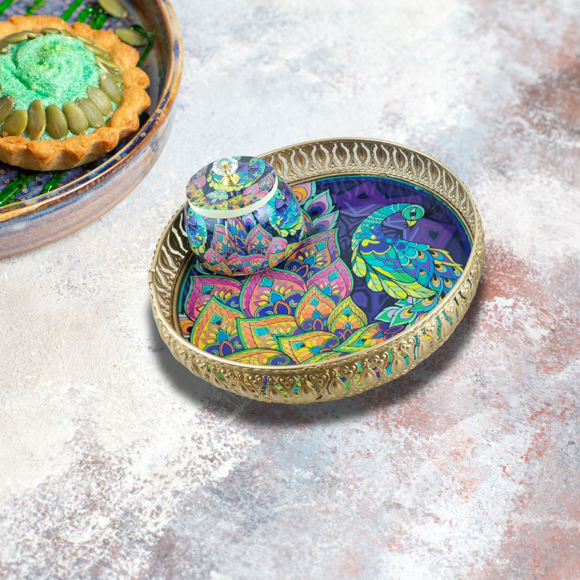 Luxury Peacock-Themed Decorative Serving Tray with Jar - Nestern