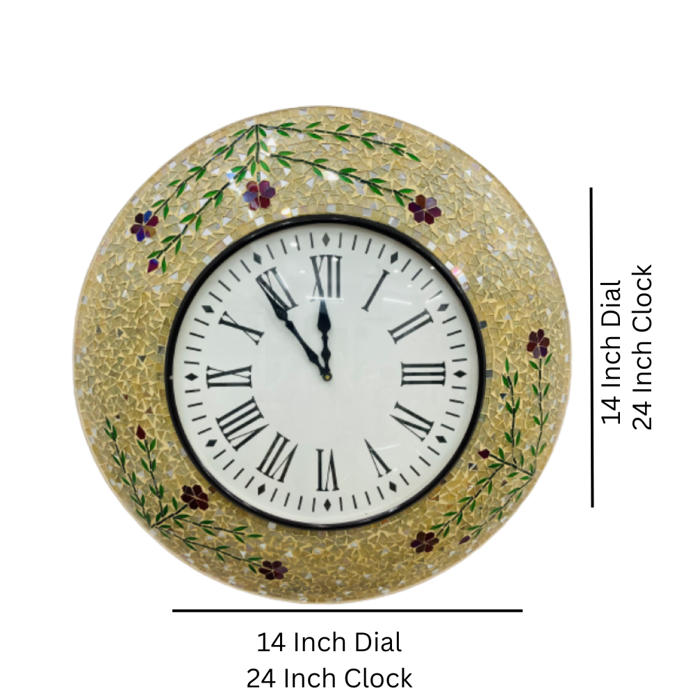 Floral Handcrafted Mosaic Wall Clock with Roman Numerals - Elegant Home Décor - Nestern