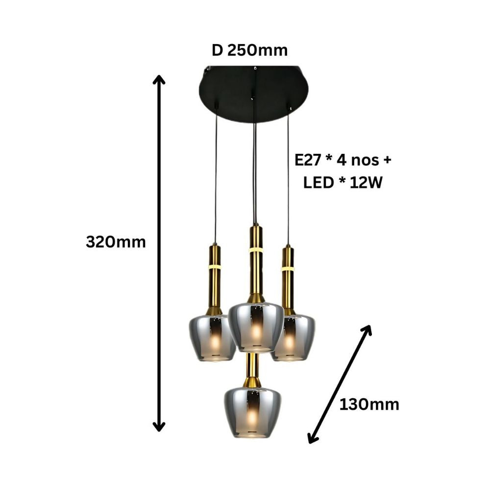 Luxury Amber/Smoke Grey Glass Pendant Light - Black Antique Gold 4-Light Chandelier