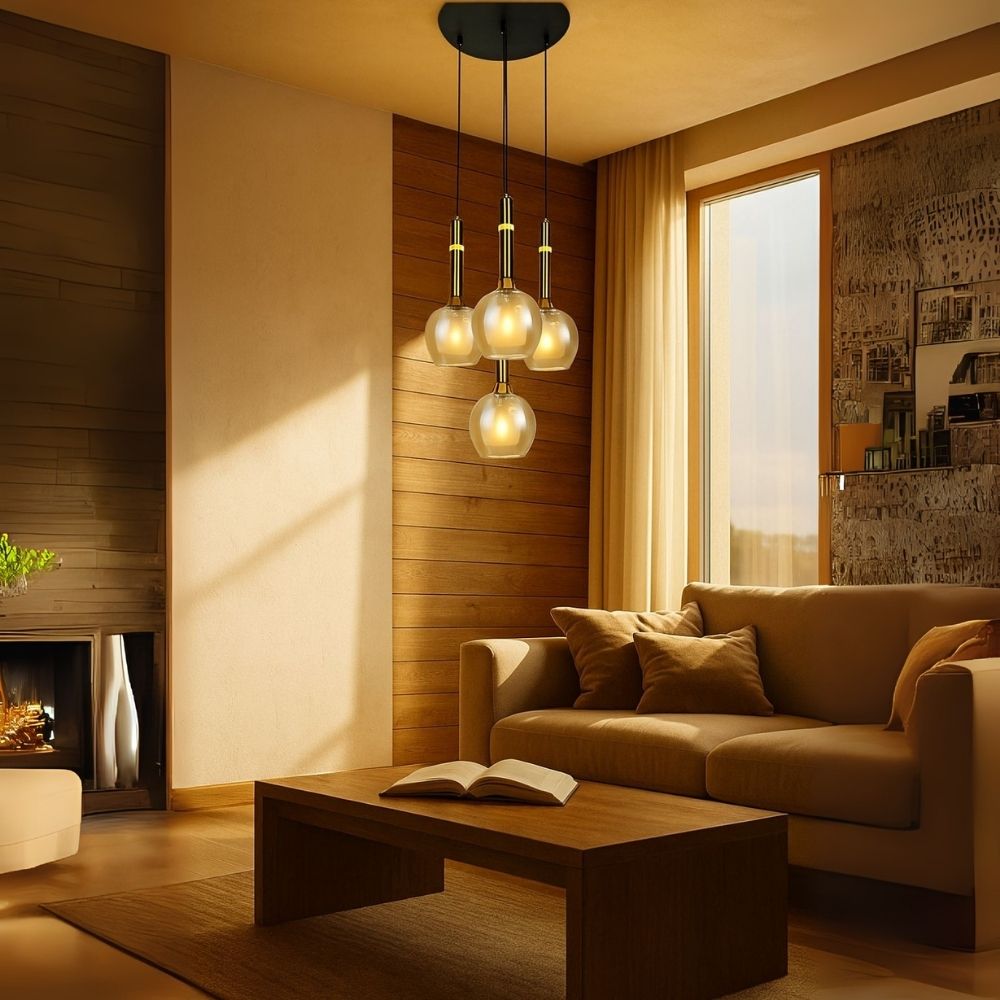 Elegant Amber/Smoke Grey Glass Hanging Lamp - Stylish Black Antique Gold 4-Light Fixture