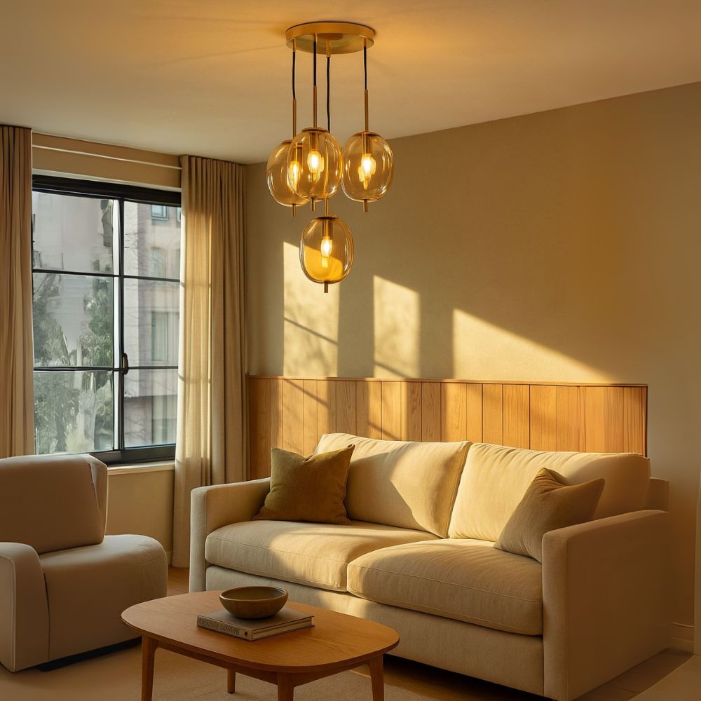 Classic Amber/Smoke Grey Glass Chandelier - Elegant Antique Gold 4-Light Ceiling Pendant